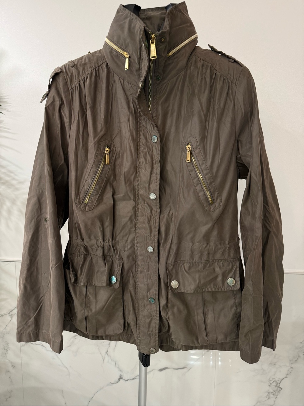 BCBGeneration Women's Taupe Utility Anorak Jacket Stowaway Hood Size Large